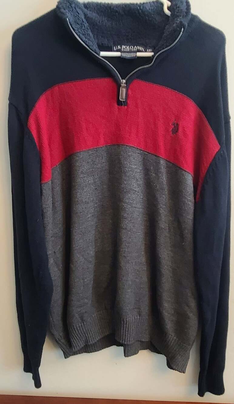 U.S. Polo Assn. 1/4 Zip Pullover Sweater Size XXL Navy Red Gray Sherpa Collar